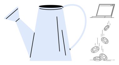 Finans, çevrimiçi yatırımlar, büyüme stratejileri, zenginlik üretimi, dijital ekonomi, tasarruflar. Su kovası ve laptoptan akan madeni paralar. Çevrimiçi yatırımlar ve büyüme stratejileri kavramı