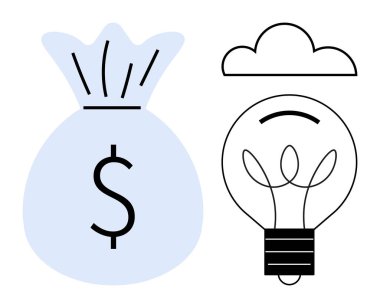 Finans, yenilik, bulut teknolojisi, iş büyümesi, yaratıcı çözümler, dijital depolama. Para çantası, ampul ve beyaz arka planda bulut simgesi. Finans ve yenilik kavramları