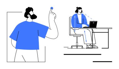 Uzaktan çalışma konsepti. Çevrimiçi işler ve işbirliği için teknolojiyi kullanan minimalist karakterler tarafından geliştirilmiş uzak çalışma çözümleri. Dijital ortamlarda verimliliği arttırmak için uzaktan çalışma. Harika.