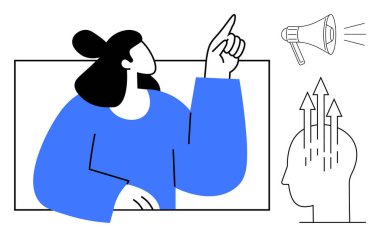 Büyüme zihniyeti konsepti. Yukarı bakan bir kadın, bir megafon ve yukarı doğru ilerleyen oklarla büyüyen bir zihniyet. Kişisel gelişim ve yenilik için büyüme zihniyeti. Kendini geliştirmek için ideal