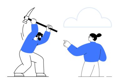 Çatışma çözümü, takım çalışması, işyeri dinamiği, iletişim, otorite, motivasyon. Bir kişi kazmasını kaldırırken, diğeri öne bakıyor. Çakışma çözünürlüğü ve takım çalışması kavramı