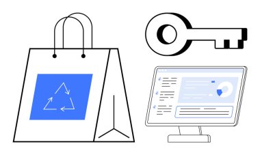 E-ticaret, sürdürülebilirlik, siber güvenlik, online alışveriş, dijital kimlik, veri koruması. Geri dönüşüm sembollü alışveriş torbası, kilit simgesi ve anahtarı olan bilgisayar ekranı. E-ticaret