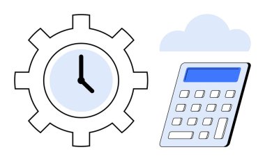 Zaman yönetimi, üretkenlik araçları, bulut depolama, dijital teknoloji, organizasyon, veri hesaplaması. Saat, bulut ve hesap makinesi simgeleriyle donatın. Zaman yönetimi ve üretkenlik araçları kavramı