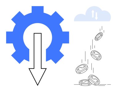 Bulut hesaplama, finansal teknoloji, dijital yatırım, bulut depolama, işlem optimizasyonu, iş otomasyonu. Oklu vites ve bozuk paralarla dolu bulut. Bulut hesaplama ve mali