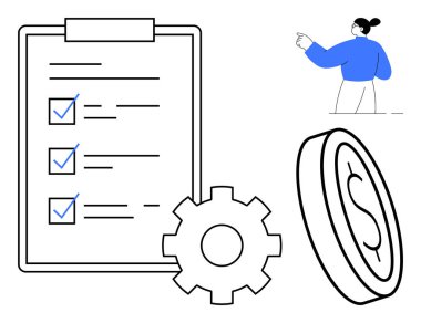 İş akışı yönetimi, verimlilik, finans, planlama, süreç optimizasyonu, görev takibi. İkonik elementler arasında bir kontrol listesi, dişli ve bozuk para yer alıyor. Çalışma akışı yönetimi ve üretkenlik kavramı