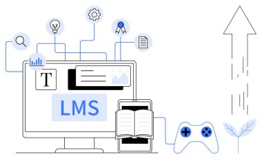 Çevrimiçi öğrenme, sanal eğitim, dijital araçlar, e-öğrenme platformları, gamifikasyon, içerik oluşturma. Diyagram ekranda LMS metni, açık kitap simgeleri büyüme oku içerir. Çevrim içi öğrenim