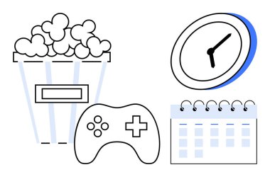 Eğlence, oyun, zaman izleme, programlama, etkinlik planlama, verimlilik. Patlamış mısır kovası, oyun kumandalı saat ve takvime asgari tasarım. Eğlence ve zaman izleme