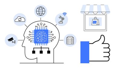 Yapay zeka konsepti. Yapay zeka e-ticaret, robotik, bulut hesaplama ve veri güvenliği. Yapay zeka perakende ve teknoloji endüstrisini modernleştiriyor. Perakende için