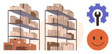 Dolu kutuları olan sanayi rafları, ingiliz anahtarı olan vites simgesi ve organizasyon, araç gereç ve memnuniyet öneren mutlu yüz. Depolama, lojistik, tedarik zinciri ve verimlilik için ideal