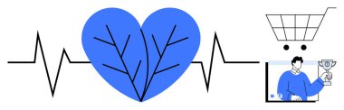 Yaprak damarlı mavi kalp EKG hattına, alışveriş arabasına ve ödüllü kişiye bağlı. Sağlık, sürdürülebilirlik, e-ticaret, başarı, sağlık, başarı çevresel farkındalık için ideal