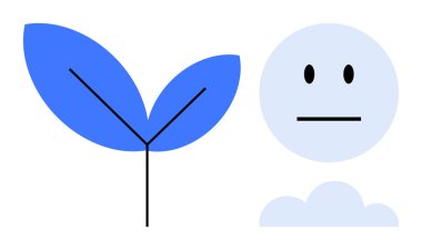 Çevresel farkındalık, sürdürülebilir yaşam, çevre dostu kavramlar, duygusal denge, farkındalık, modern minimalizm. Beyaz arka planda mavi bitki ve nötr yüz. Çevresel farkındalık