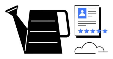 Su bidonu, yıldız reytingli ve bulutlu profil belgelerinin yanında. Çalışan geliştirme, dijital kimlik, işe alım, kişisel büyüme, çevrimiçi derecelendirme, bulut depolama, beceri geliştirme için ideal