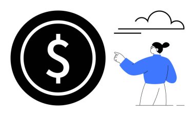 Finansal planlama, iş stratejisi, tasarruflar, servet yönetimi, ekonomik büyüme, kariyer ilerlemesi. Dolar sembolü ve ileriye bakan kişi. Mali planlama ve iş stratejisi kavramı