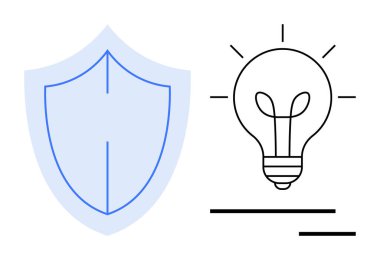 Security, innovation, technology, protection, creativity, intellectual property. Shield icon next to a light bulb outline. Security and innovation concepts visually