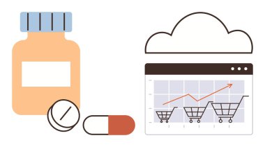 İlaç şişesi, hap, tablet ve alışveriş arabaları ile internet tablosu ve yükselme eğilimi. Sağlık hizmetleri, dijital pazarlama, teknoloji, çevrimiçi satışlar, teletıp iş büyümesi için ideal