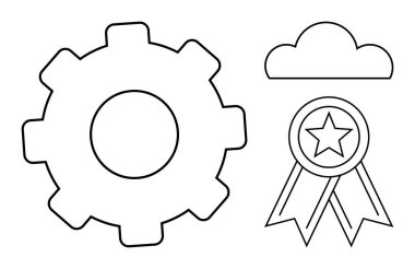 Başarı, üretkenlik, bulut teknolojisi, yazılım geliştirme, veri depolama, iş görselleştirme. Vites, kurdele rozeti ve siyah çizilmiş bulut. Üretkenlik ve bulut teknolojisi teması