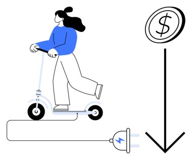 Sürdürülebilir ulaşım, maliyet düşüşü, çevre dostu ulaşım, yeşil teknoloji, enerji verimliliği, kişisel hareketlilik. Elektrikli scooterlı ve dolar ikonlu bir kadın. Sürdürülebilir