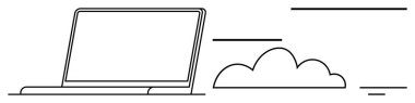Bulut hesaplama. Basitleştirilmiş çizgi sanatı bir dizüstü bilgisayar ve bulut bilgisayarı. Bulut hesaplama bağlantıyı ve veri depolamayı arttırır. Teknoloji, bağlantı, bilişim çözümleri, iş akışı, uzaktan kumanda için mükemmel