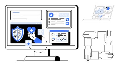Sağlık, veri analizi, bilişim çözümleri, takım çalışması, işbirliği, dijital güvenlik. Bilgisayar ekranında veriler, grafikler, kalkanlar ve el sembolleri var. Sağlık ve Veriler