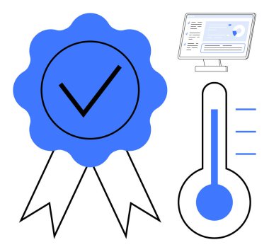 Sertifika, kalite güvencesi, veri analizi, performans izleme, başarı ölçümleri, teknoloji. Kontrol işaretli mavi kurdele, gösterge paneli sıcaklık göstergesi. Sertifika ve kalite