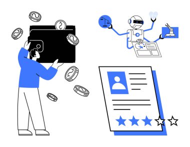Cüzdanı bozuk paralarla dolduran kişi, cihazlarla birden fazla iş yapan yapay zeka robotu, yıldız dereceli özgeçmiş incelemesi. Finans, otomasyon, askere alma, teknoloji, verimlilik için ideal, modern
