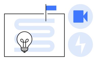 Yaratıcılık, yenilik, teknoloji, multimedya, hedef belirleme, enerji çözümleri. Ampul, mavi bayrak video simgesi ve minimalist tasarımda gösterilen enerji sembolü. Yaratıcılık ve yenilik