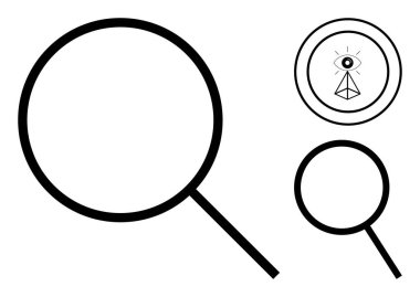 Geometrik şekiller tarafından çerçevelenmiş bir gözle eşleştirilmiş büyük büyüteç. Arama, araştırma, anlayış, açıklık, gözlem, bilgi ve perspektifi temsil ediyor. Araştırma analizi için ideal