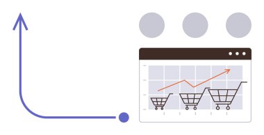 Alışveriş arabaları satış grafiğine yükselen trend ve ilerleme okuyla örtülüydü. Ticari büyüme, e-ticaret, performans ölçümleri, pazarlama, finansal analiz, başarı stratejisi, sade daire