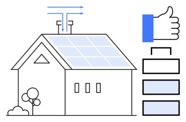 Yenilenebilir enerji. Evin çatısındaki güneş panelleri batarya depolama sistemi ve hava akımı göstergesiyle güneş enerjisini kullanıyor. Yenilenebilir enerji çevresel sürdürülebilirliği ve verimli güç kullanımını teşvik eder