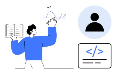 Veri bilimi, kodlama, eğitim, bilgi geliştirme, programlama, teknik beceriler. Elinde kitap tutan ve grafik çizen kişi, yakınlarda bir simge kodluyor. Veri bilimi ve kodlama resimlendi