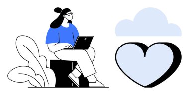 Dijital bağlantı, duygusal refah, teknoloji kullanımı, uzaktan çalışma, kişisel büyüme, çevrimiçi hizmetler. Dizüstü bilgisayarı olan bir kadın, kalp bulutu. Dijital bağlantı ve duygusal refah