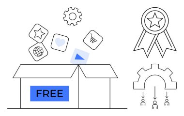 Teknoloji araçları, iş çözümleri, dijital pazarlama, serbest kaynaklar, müşteri ilişkileri, takım işbirliği. Simgelerle, vites kartlarıyla ve ok atışıyla dolu kutuyu aç. Serbest kaynaklar ve teknoloji