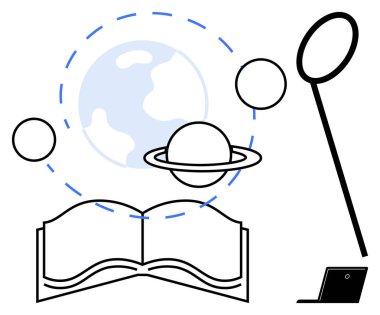Uzay keşfi, bilim eğitimi, keşif, öğrenme araçları, astronomi, gezegen araştırması. Satürn gezegeni, dünya ve teleskopla açık bir kitap. Uzay keşfi ve bilim eğitimi kavramı