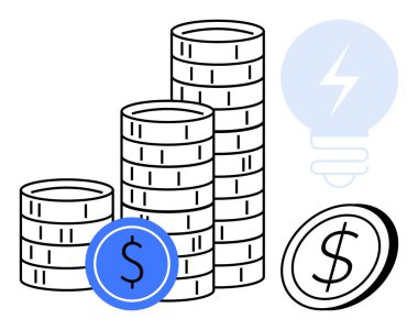 Finans, yenilik, yatırım planlaması, tasarruf, ekonomik büyüme, yenilenebilir enerji. Birikmiş paralar, dolar sembolleri ampul ikonu. Finans ve yenilik kavramları