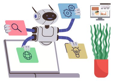 Dört kollu robot arama, yenilik, küresel görevler ve dizüstü bilgisayar, analitik monitör ve bitki yakınlarındaki ayarlar ikonlarına sahip. Otomasyon için ideal, üretkenlik, yapay zeka teknolojisi küresel yenilik