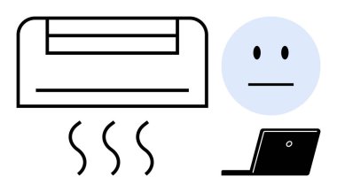 İklim kontrolü, işyeri konforu, hava kalitesi, ev teknolojisi, soğutma sistemleri, insan teknolojisi etkileşimi. Klima iyonu, dizüstü bilgisayar ve nötr yüz sembolü. İklim denetimi