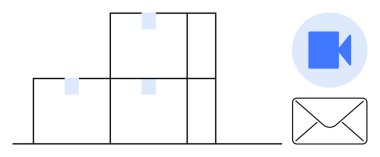 Logistics, communication, remote services, video conferencing, mail delivery, e-commerce. Stacked boxes with labels, video call icon envelope symbol. Logistics and communication concept for modern