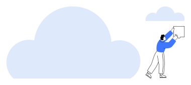 Bulut hesaplama konsepti. Bulut grafikleri ve veri bulut hesaplama erişebilirliği ve depolama bilgilerini yüklemek için etkileşime geçen kişi. Bulut bilgisayar çevrimiçi veri güvenliğini ve paylaşımını teşvik ediyor. Mükemmel.