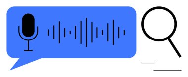 Ses ve ses analizini sembolize eden büyüteçle konuşma balonunda mikrofon ve ses dalgası ikonu. İletişim, teknoloji, arama motoru, yapay zeka, ulaşılabilirlik ve yenilik için ideal