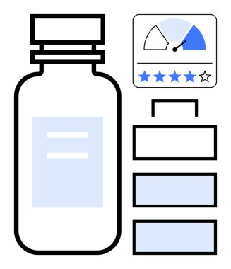 Medication rating concept. A bottle, rating meter, and user feedback elements medication reviews. Medication effectiveness and user satisfaction tracked for healthcare platforms, pharmaceutical apps