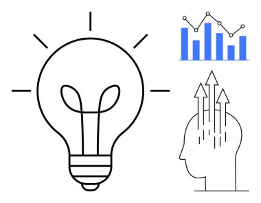 Yenilik kavramı. Yenilik, büyümeyi ve fikirleri simgeleyen ampul, veri tablosu ve oklarla resmedilmiştir. Yenilik yaratıcılığı, iş başarısını ve çözümleri yönlendirir. Teknoloji için
