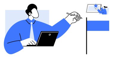 Dijital iletişim, çevrimiçi hizmetler, üretkenlik, profesyonel iş, uzak görevler, kullanıcı arayüzleri. Bilgisayarı kullanan ve dijital ekrana bakan biri. Dijital iletişim ve çevrimiçi