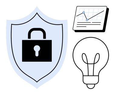 Analiz grafiği ve ampulün yanında güvenlik, veri içgörüsü ve yenilikleri simgeleyen bir kalkan kilidi. Teknoloji, siber güvenlik, analiz, koruma, beyin fırtınası, iş büyümesi için idealdir.