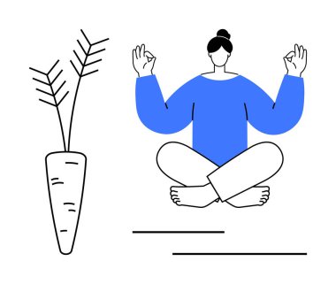 Sağlık, farkındalık, sağlıklı yaşam, dengeli yaşam tarzı, kişisel bakım, gıda seçimleri. Lotus 'ta meditasyon yapan biri havucun yanında poz verir. Sağlıklı yaşamın bir parçası olarak sağlık ve farkındalık