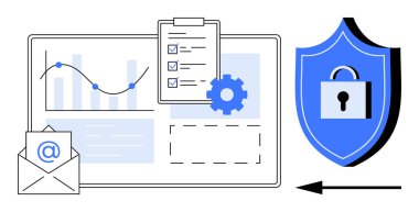 Data security. Elements data security through shield, email, and graphs emphasizing secure communication. Data security ensures safe interactions in digital networks. For technology, cybersecurity