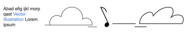 Abstract art, creativity, design inspiration, music , artistic , graphic use. Two clouds and a musical note drawn with simple black lines. Music themes and creativity concept