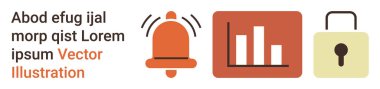 Uyarı alarmları, veri analizleri, güvenlik sistemleri, gizlilik, dijital altyapı, iletişim araçları. Simge seti bir zil, bar çizelgesi ve kilit sembolü içerir. Uyarılar ve veri analizi kavramları