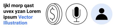 Finans, iletişim, kimlik, teknoloji, kullanıcı arayüzü, iş. Dolar parası, mikrofon ve kullanıcı silueti simgeleri. Finans ve iletişim simge biçiminde