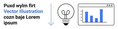 Innovation, data analytics, business growth, information sharing, creative thinking, technology . Light bulb, arrow and analytic chart with text placeholder. Innovation and data analytics theme