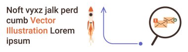 Business growth, startup ideas, email marketing, data analysis, technology, innovation. Rocket launching upward, magnifying glass focusing on email icons. Business growth and startup ideas concept